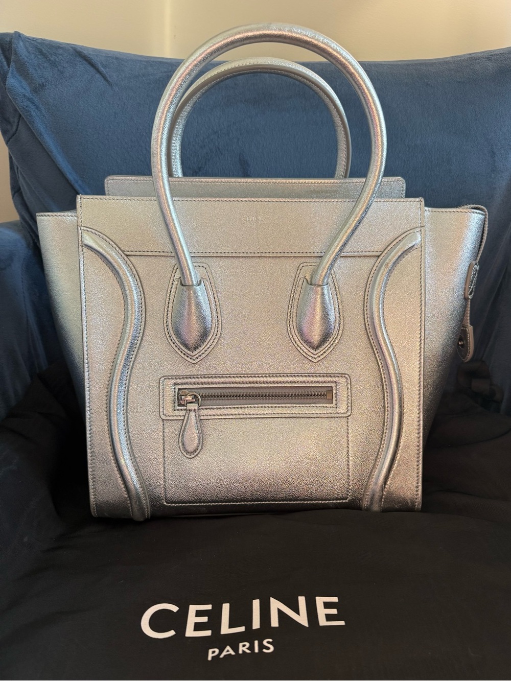 Celine metallic silver leather LUGGAGE Micro tote EUC! 🌟 😍